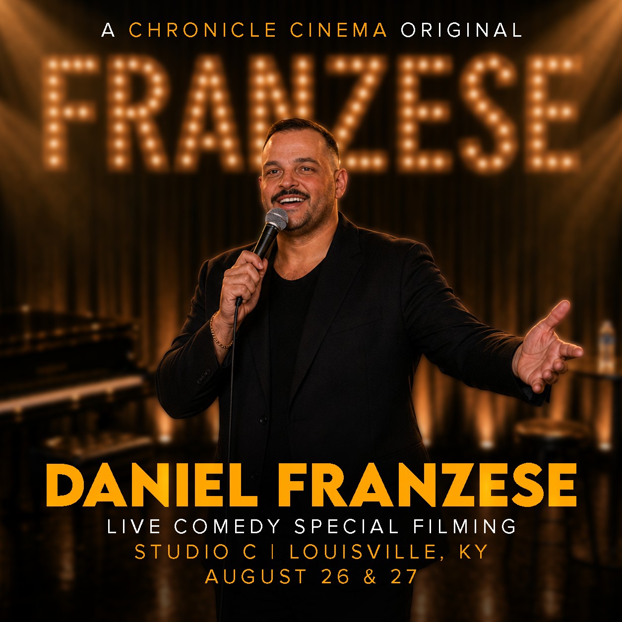 Daniel Franzese Live Comedy Special key art, Franzese on stage with a microphone under a marquee sign reading FRANZESE