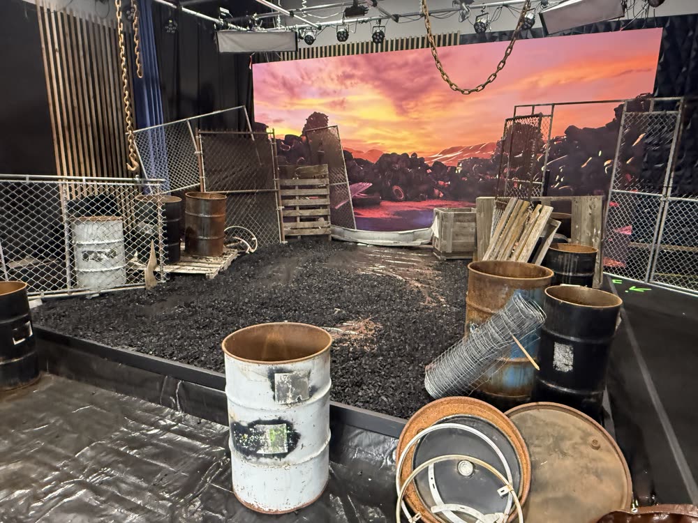 A desert junkyard environment built on the LED wall