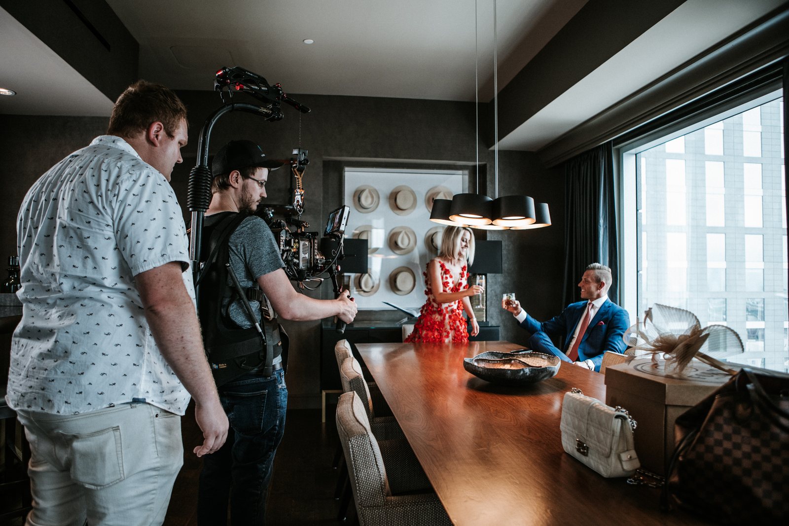 On set with Ken Lutz and Zach Meiners at the Omni Hotel in downtown Louisville in a large hotel suite at the Kentucky Derby.