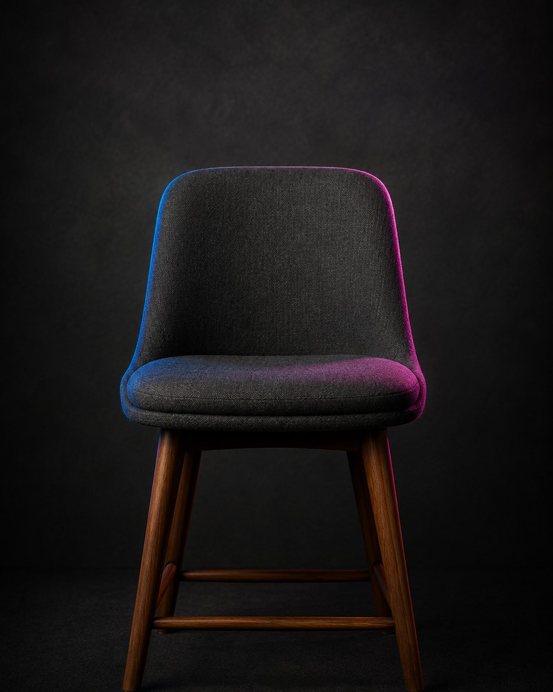 An empty chair lit in blue and pink
