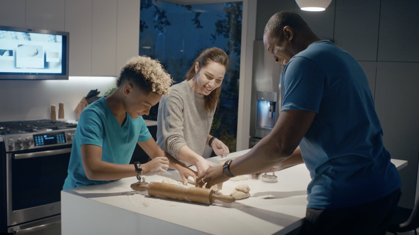 A still from Chronicle Cinema’s Universal Connected spots for GE Appliances as a family gathers around a kitchen island.