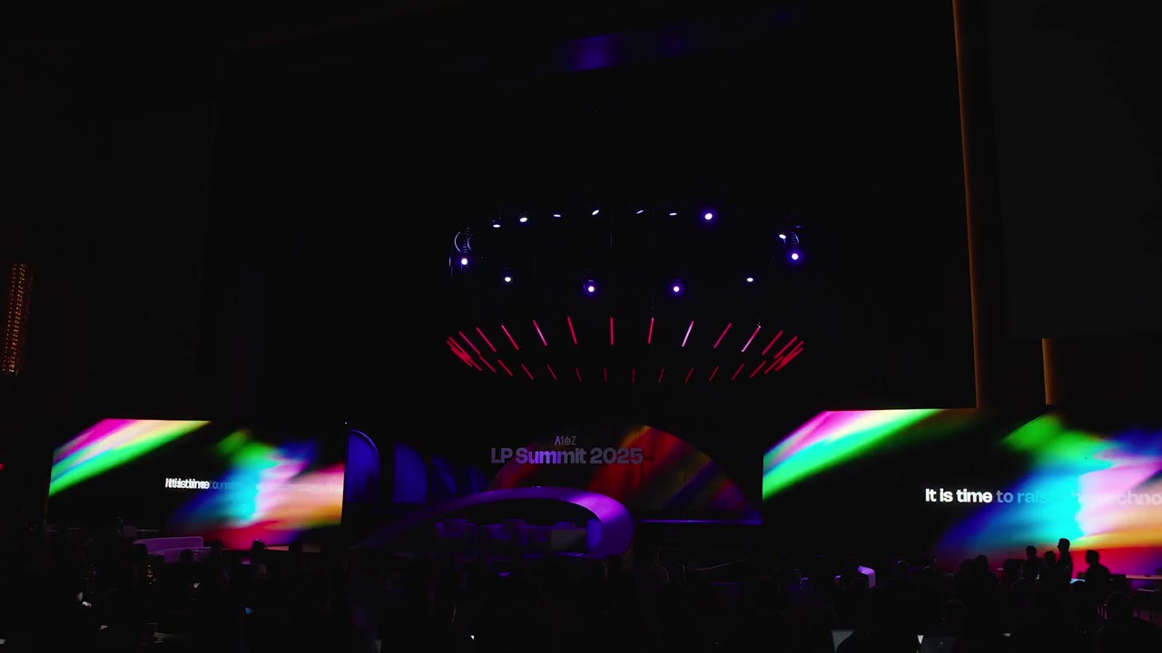 A large event space with 5 LED walls and moving chandelier at the Fontainebleau Theater in Las Vegas.