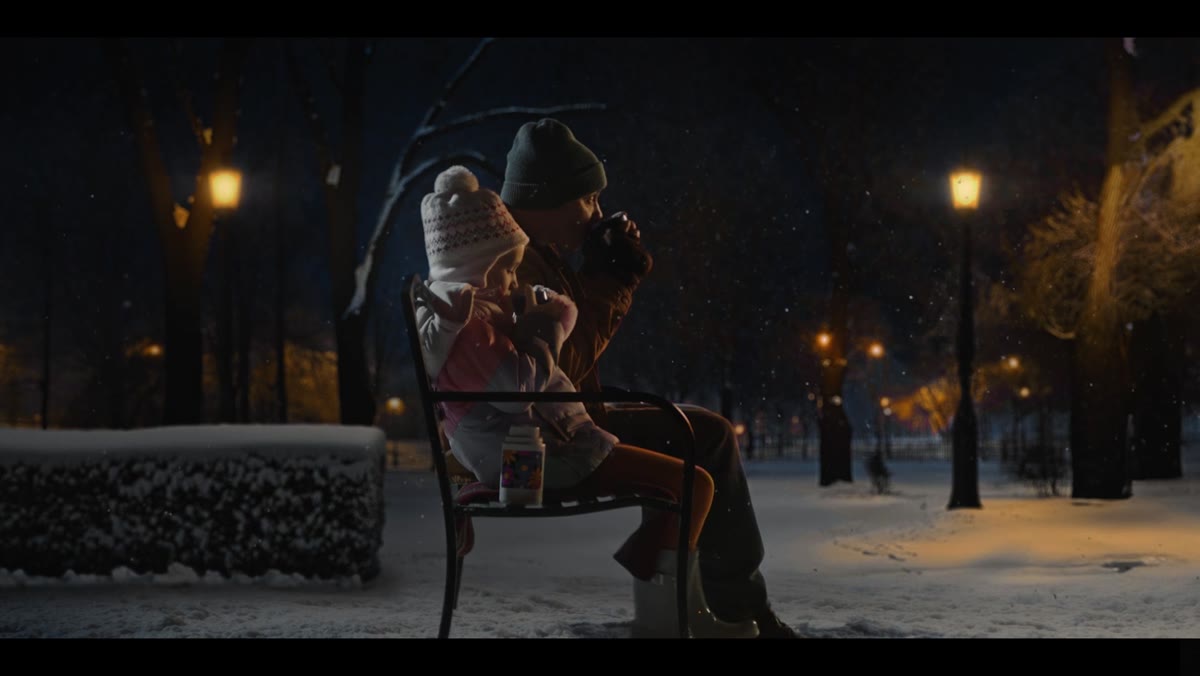 A snow-lit street from Hallmark&rsquo;s &ldquo;Winter Walk&rdquo;, built in Louisville in August.