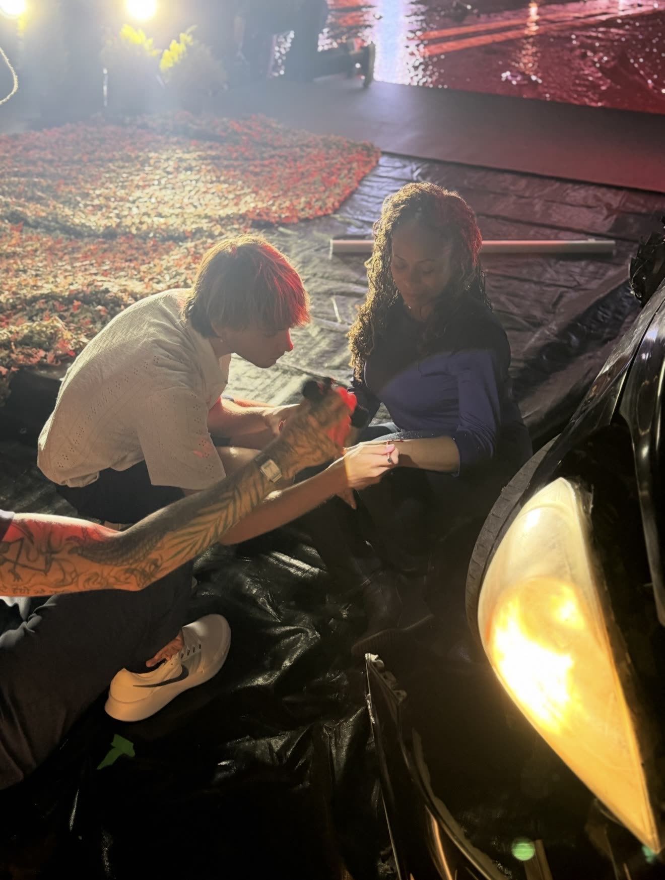 Eric Spurgeon works with an actress at a  car wreck scene in front of the LED wall at the Isaacs & Isaacs shoot.