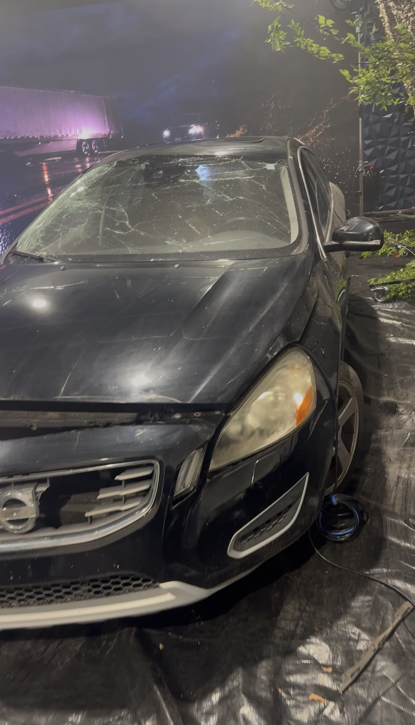 A wrecked car in the studio for the Isaacs & Isaacs shoot at Studio C.