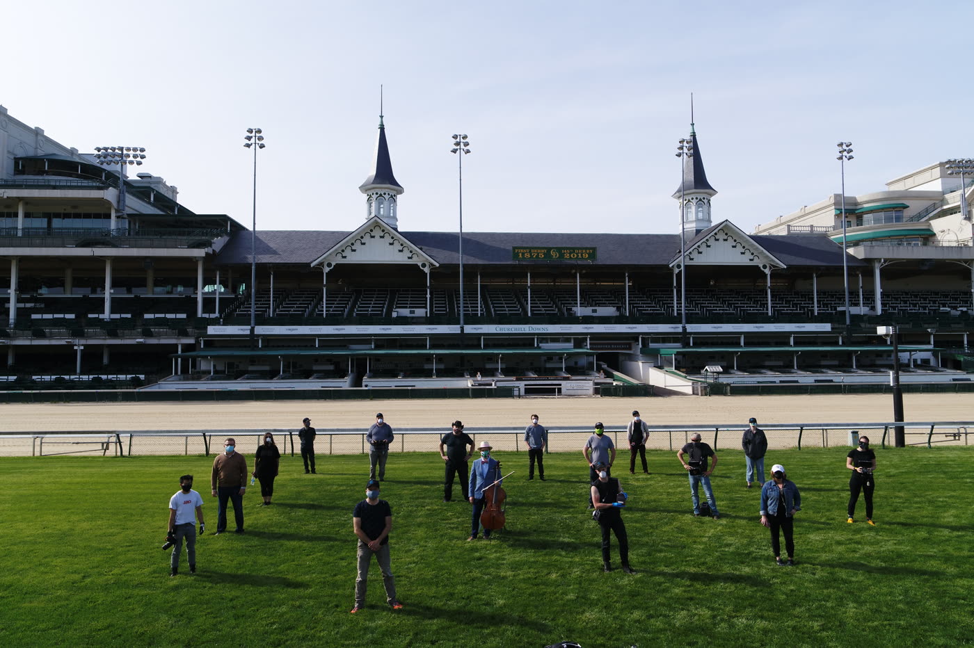 The Chronicle Cinema crew socially distanced, filming the first national ad during the pandemic at an empty Churchill Downs in April of 2020, in front of the twin spires